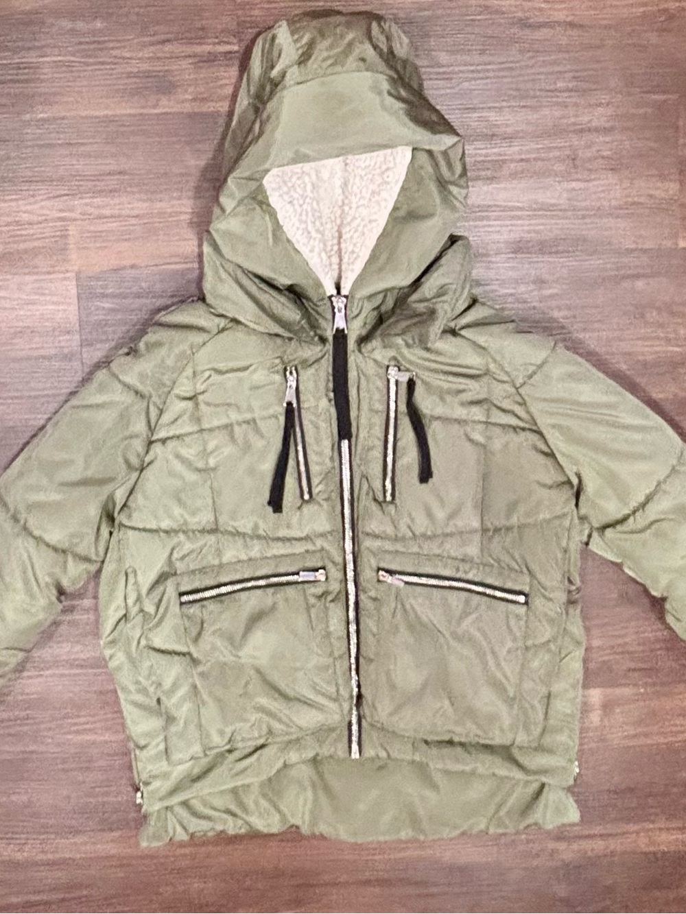 7 For All Mankind Sherpa Hooded Puffer Utility Field Coat Green Medium